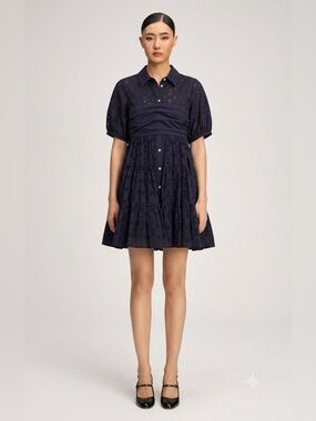 Cinq à Sept Alexie Navy Eyelet Ruched Tiered Shirt Dress Size 14